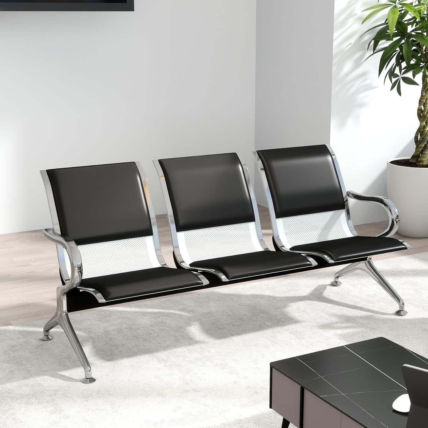 Compact three-person waiting area bench
