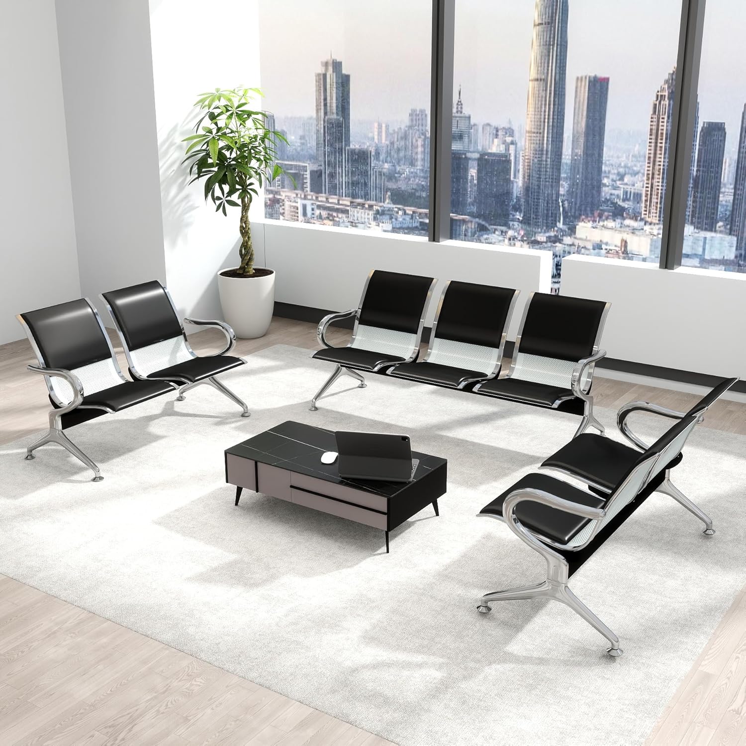 Compact three-person waiting area bench